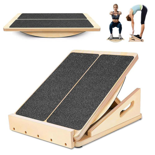 2-In-1 Professional Wooden Balance Board & Slant Board, Four Adjustable Incline Board and Calf Stretcher, Stretch Board for Knees Ankle Heel Feet Leg