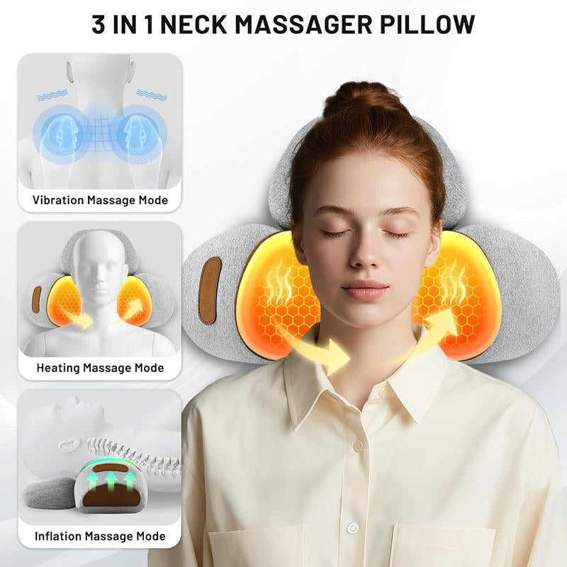 3 in 1 Neck Massager Pillow with Heat, Pillow Massage Neck Hump Support, Shiatsu Back Shoulder Massager with Kneading, Heating & Vibration for Relaxation and Comfort