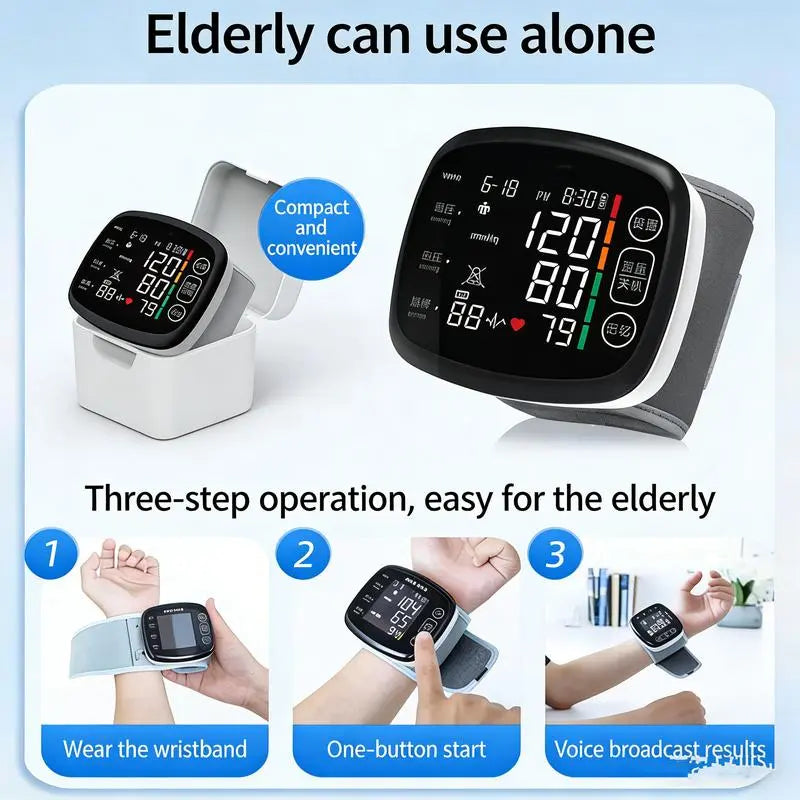 Rechargeable Wrist Blood Pressure Monitor for Home Use LED Display Voice Broadcast Touch Screen 99X2 Reading Memory with Carrying Case Portable Accurate Reading.